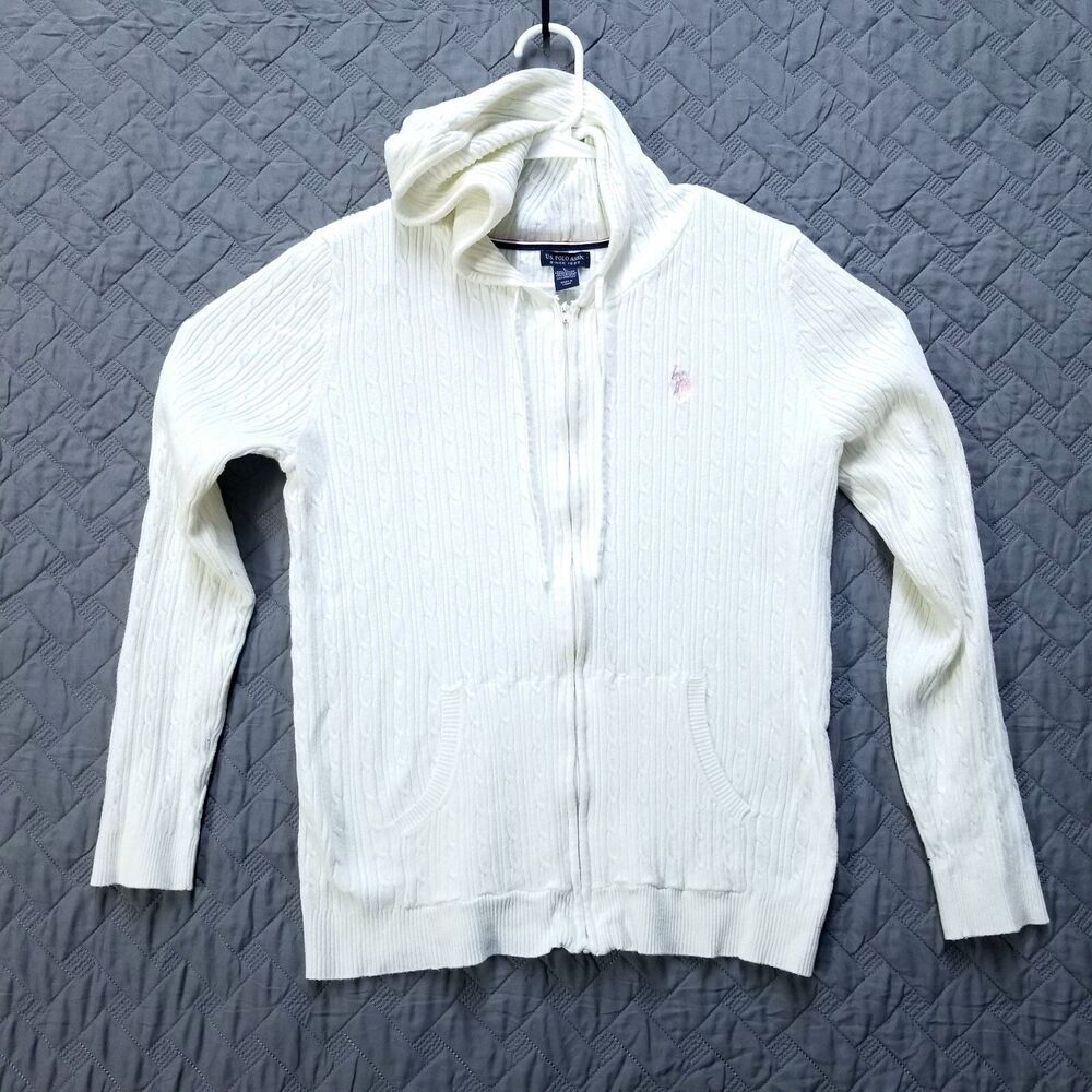 U.s. Polo ASSN Cable Knitted Full Zip Hoodie Sweater Women's‎ Size ~L White